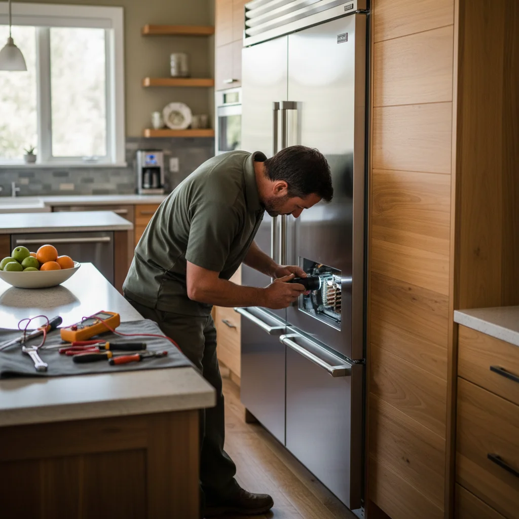 Wolf appliance technician performing precision diagnostics in a Boulder kitchen